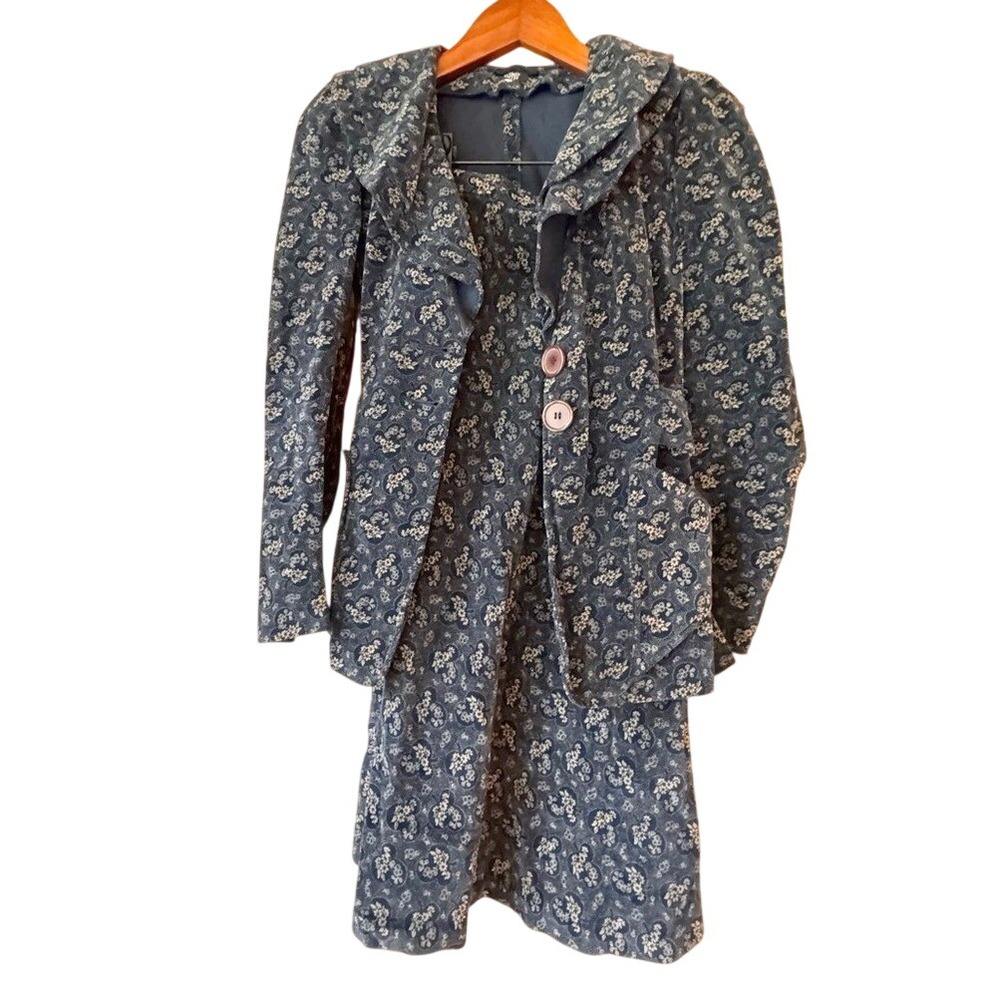 Miss Britt Skirt Suit Blue Floral Brushed Corduroy XS Academia Poetcore Twee